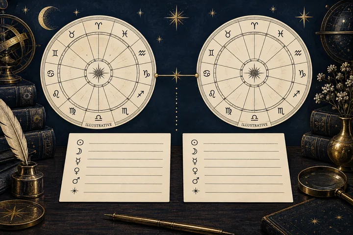 Two circular zodiac charts are connected by a horizontal gold line above two blank lined cards marked with planetary symbols, with books, a quill, a vase, and a magnifying glass around them.