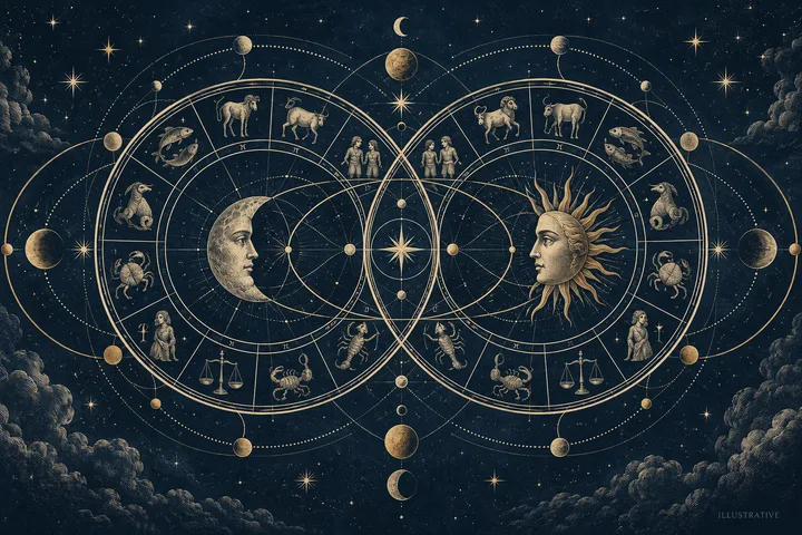 Engraved celestial illustration of two overlapping circular zodiac diagrams, with a moon face on the left and a sun face on the right, surrounded by stars, planets, and clouds.