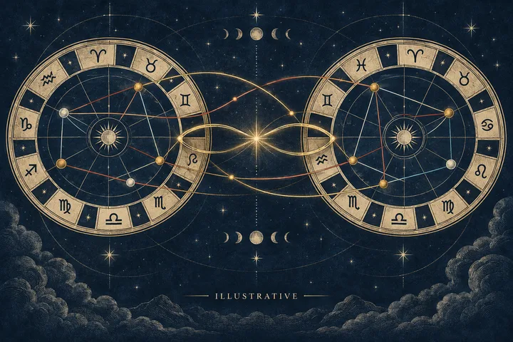 Two circular zodiac diagrams with symbols and connected points, linked by glowing curved lines against a starry midnight-blue background.