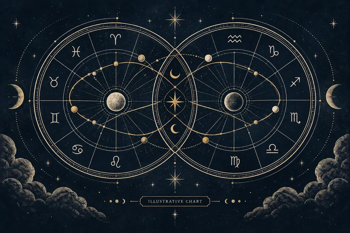 Two overlapping circular charts with planet-like spheres, orbit lines, crescent moons, and zodiac symbols, framed by stars and clouds.