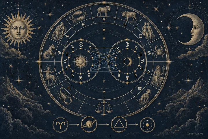 Editorial illustration accompanying: What is a reliable order for reading signs, planets, aspects, and orbs in synastry?