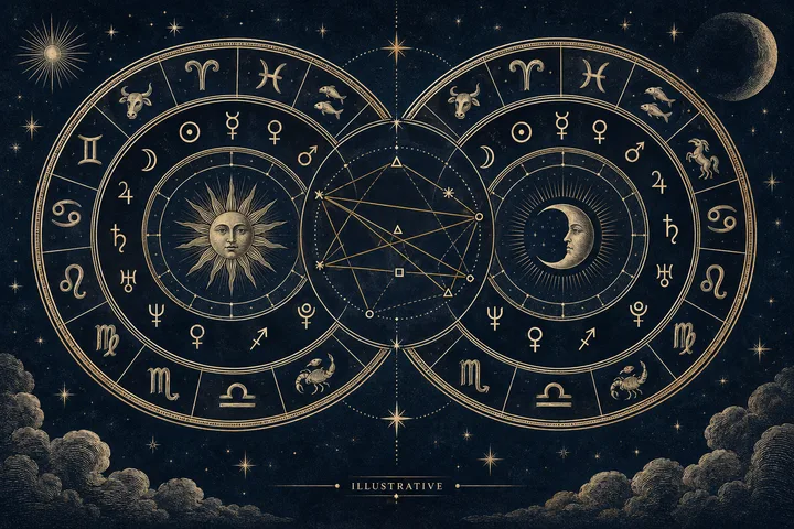 Editorial illustration accompanying: What is a reliable order for reading signs, planets, aspects, and orbs in synastry?