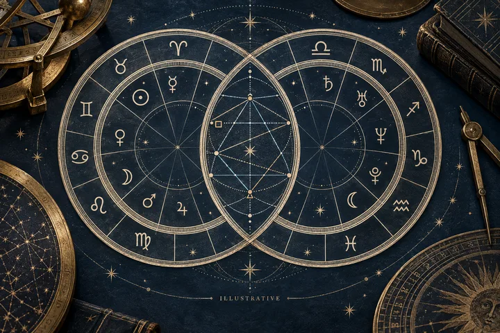 Editorial illustration accompanying: What is a reliable order for reading signs, planets, aspects, and orbs in synastry?