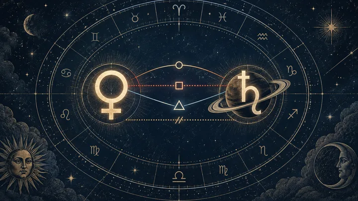 Illustrative engraved synastry chart showing Venus and ringed Saturn connected by layered aspect lines inside a midnight-blue zodiac wheel.