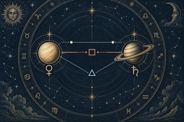 Illustrative engraved Venus-Saturn synastry diagram showing a strong square, a softer trine, and a subtle parallel as layered contact channels.