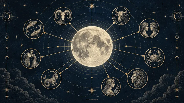 Editorial illustration accompanying: How do repeated synastry contacts involving one person's Moon change the reading?