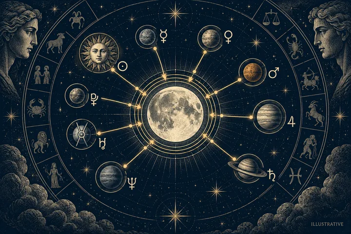 Editorial illustration accompanying: How do repeated synastry contacts involving one person's Moon change the reading?