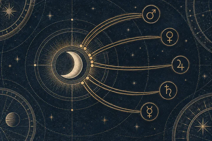 Editorial illustration accompanying: How do repeated synastry contacts involving one person's Moon change the reading?
