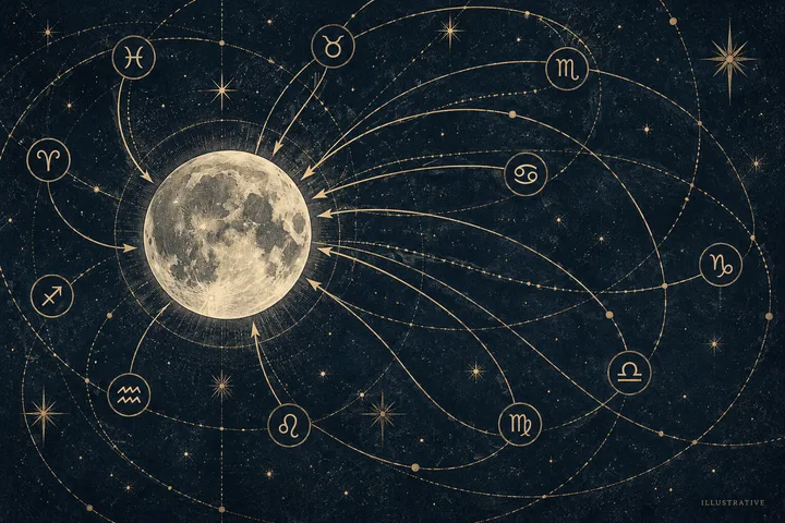 Editorial illustration accompanying: How do repeated synastry contacts involving one person's Moon change the reading?