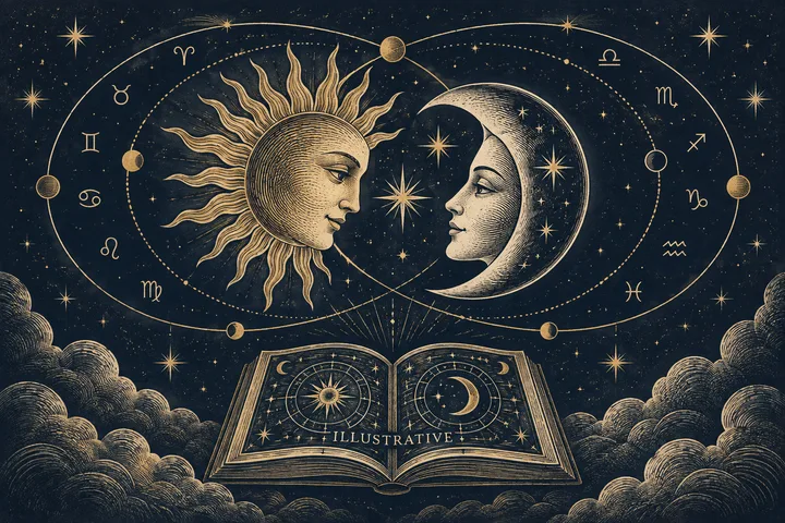 Engraved sun and crescent moon face each other inside a starry zodiac circle, above an open book with circular celestial diagrams and the word ‘ILLUSTRATIVE.’