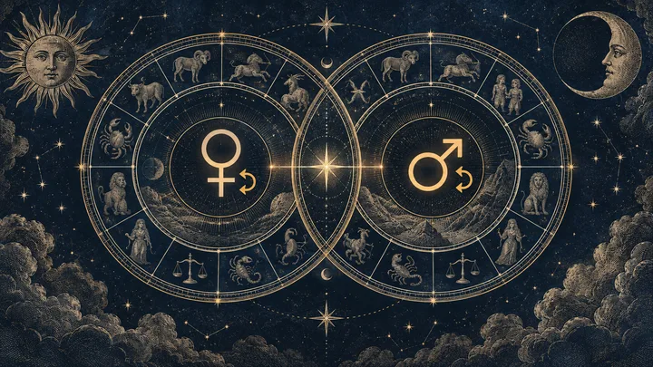 Two overlapping engraved zodiac wheels with Venus and Mars symbols connected at the center, suggesting an illustrative synastry comparison.