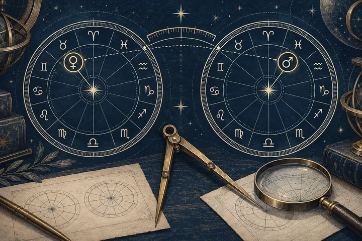 An engraved astrology comparison desk with two illustrative zodiac wheels, brass dividers, and a magnifying lens representing careful orb and placement review.