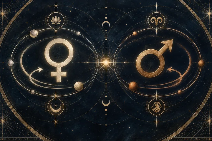 Large ivory Venus and brass Mars symbols tracing inward looping orbital paths with retrograde arrows around a shared celestial center.
