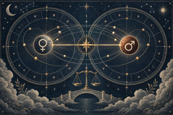 Illustrative Venus and Mars chart layers meet across a bright precise aspect line, with softer repeated arcs, balanced scales, and a bridge below.