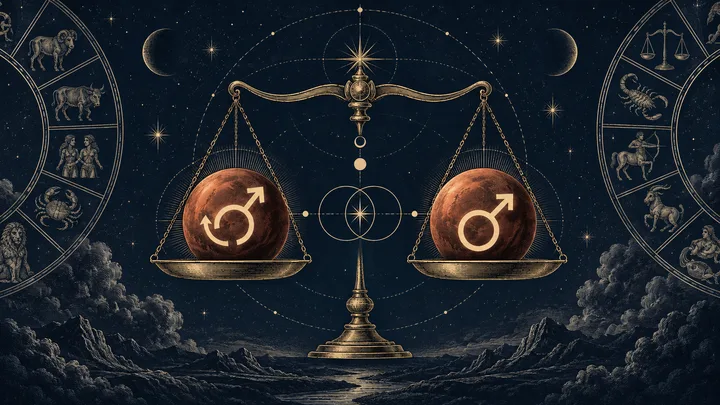 Illustrative brass scale comparing a retrograde Mars glyph with two linked Mars glyphs inside overlapping zodiac circles, representing natal motion and a close Mars synastry aspect.