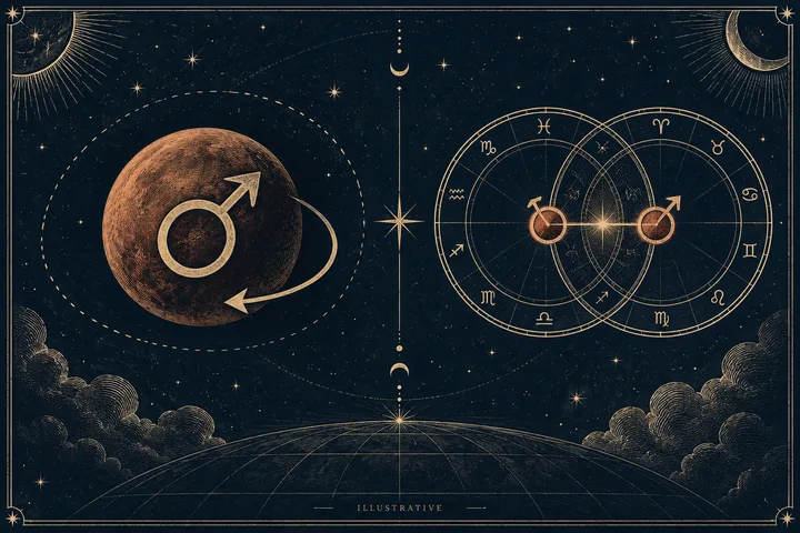 Illustrative diagram showing a retrograde Mars glyph on an inward curved path beside overlapping zodiac circles with two Mars glyphs joined by a close angular line.