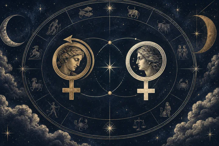 Illustrative chart artwork showing two Venus symbols facing across a zodiac wheel, with a backward arrow suggesting natal Venus retrograde.