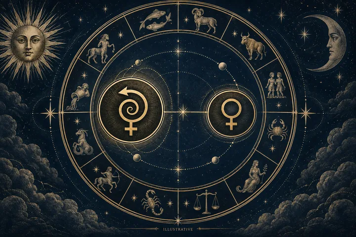 Illustrative engraved artwork showing a retrograde Venus symbol beside a direct Venus symbol within a zodiac wheel, emphasizing different ways Venus enters synastry.