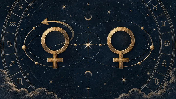 Illustrative chart artwork close-up of paired Venus symbols, zodiac signs, and orbital lines representing sign comparison and synastry contact distance.