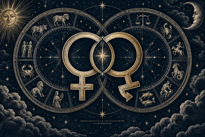 Illustrative engraved Venus synastry artwork with two intertwined Venus symbols and overlapping zodiac wheels, representing affection translated into shared understanding.