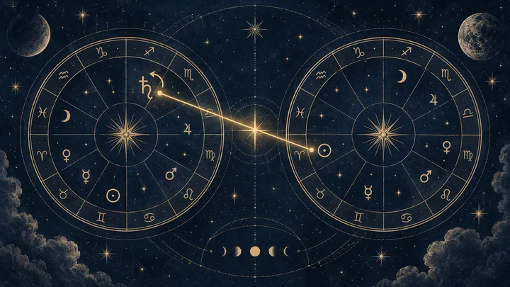 Illustrative paired synastry charts in midnight blue and brass, linked by a luminous aspect line with a retrograde planet cue.