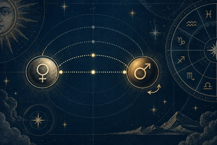 Illustrative Venus and Mars symbols connected across concentric measurement arcs, showing close and loose synastry spacing.