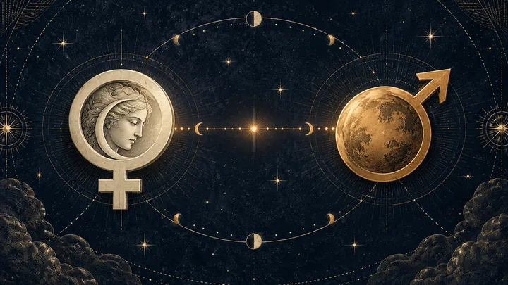 Engraved ivory Venus and brass Mars emblems facing across a measured orbit, suggesting different pacing and mutual attraction.
