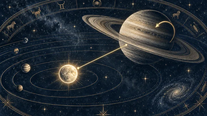 Illustrative ringed outer planet in the background linked by one precise aspect line to a smaller luminous personal planet in the foreground.
