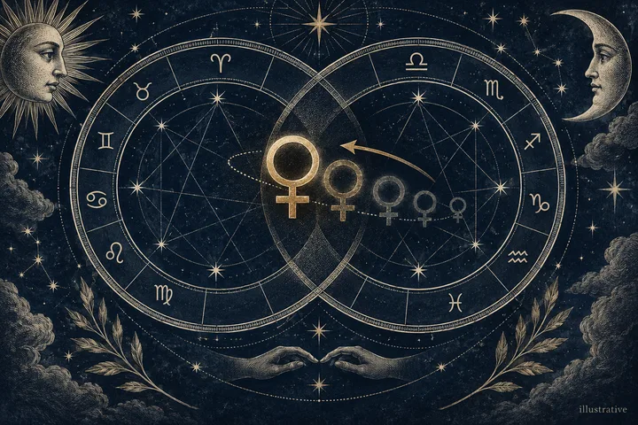 Engraved illustration of two overlapping zodiac wheels with stars, Venus symbols, an arrow, a sun face, a crescent moon, and two reaching hands against a dark blue background.
