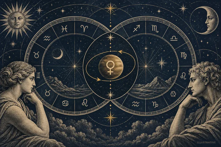 Engraved illustration of two zodiac wheels surrounding a central Venus symbol, with two classical-style figures at the lower sides, mountains, stars, a sun face, and a crescent moon.