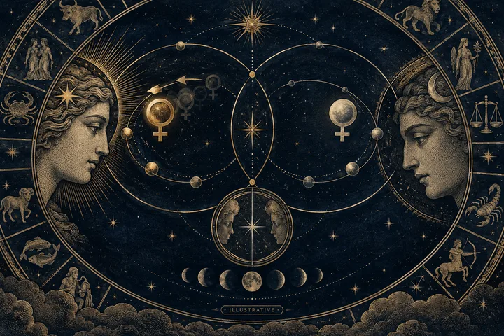 Engraved illustration of two large classical-style profile figures facing a central arrangement of orbital circles, planets, Venus symbols, zodiac signs, and moon phases.