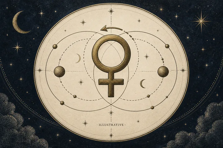 Engraved illustration with a large Venus symbol centered inside overlapping orbital paths, small planets and crescent moons, surrounded by zodiac figures and stars.