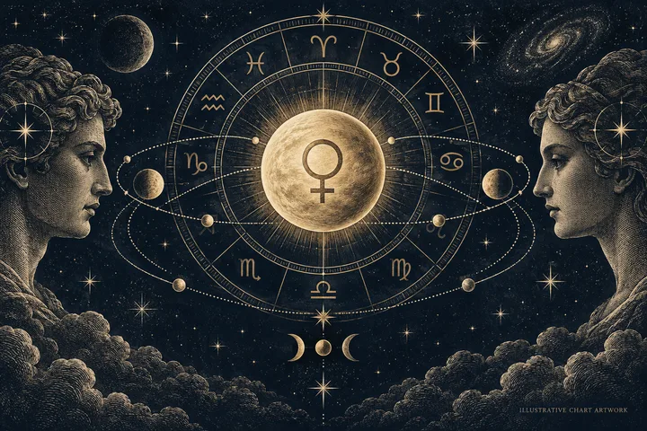 Illustrative synastry chart with Venus marked at 12 degrees and hidden minute divisions around the zodiac