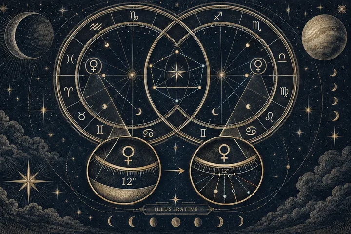 Illustrative Venus-Mars aspect lines showing how a few arc-minutes can change the orb