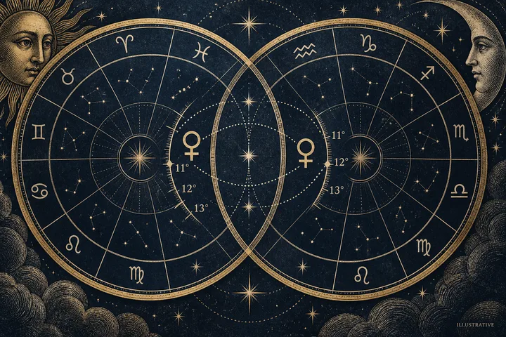Illustrative zodiac boundary between 29 degrees Pisces and 0 degrees Aries in a synastry comparison