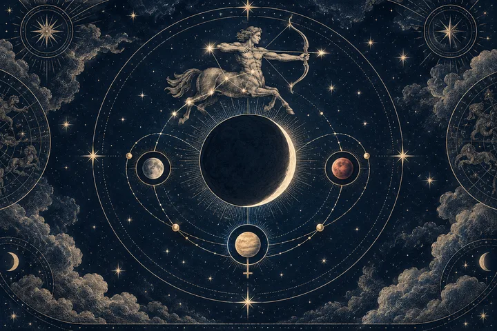 An archer figure above a dark disk, with three smaller spheres on orbital rings against a starry, midnight-blue sky.