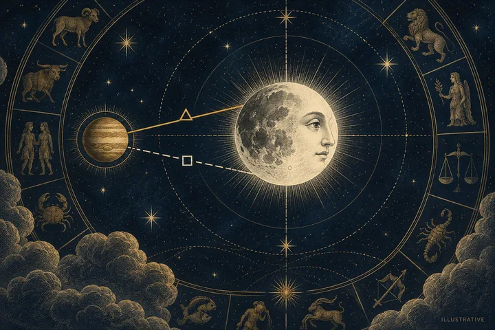 An engraved moon with a human face and a smaller planet sit within a starry zodiac wheel, joined by solid and dashed lines marked with a triangle and square.
