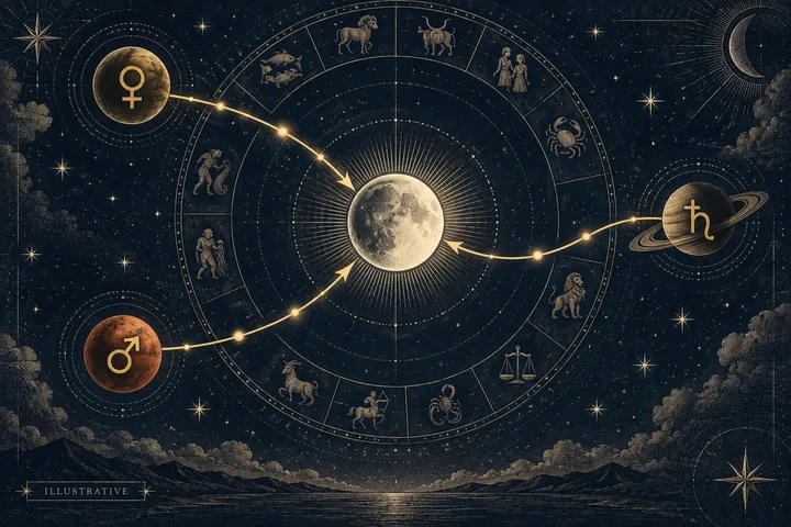 Illustrative synastry diagram with Venus, Mars, and Saturn paths converging on a central Moon within an engraved zodiac wheel.