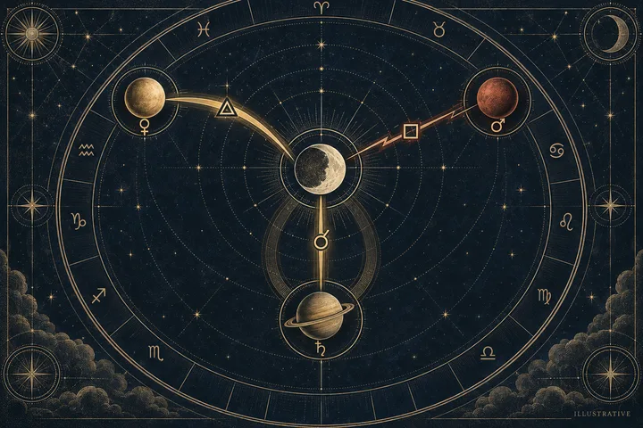 Illustrative synastry chart showing a central Moon receiving distinct Venus, Mars, and Saturn contacts with different visual weights.