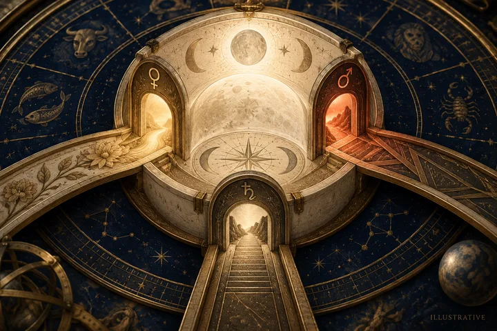 Illustrative close-up of one lunar chamber reached through three engraved Venus, Mars, and Saturn doorways.