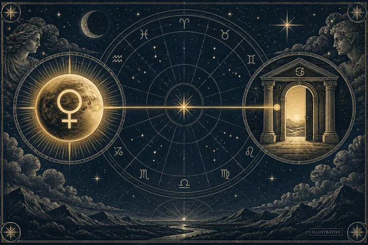 Engraved-style night-sky illustration with a zodiac wheel, a glowing sphere marked with a Venus symbol on the left, and a lit classical doorway on the right connected by a bright horizontal line; mountains, stars, and two carved faces surround the scene.