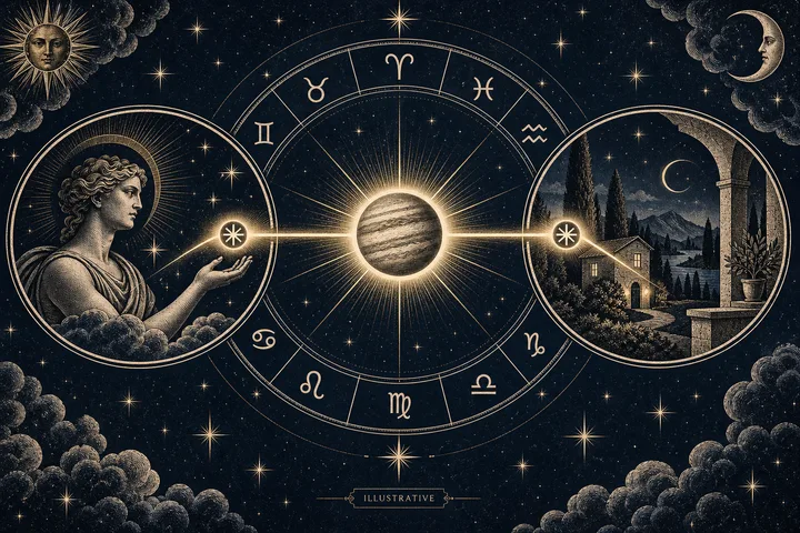 Engraved-style night-sky illustration with a glowing striped planet at the center of a zodiac wheel, a classical figure holding a star symbol on the left, and a moonlit house and stone arch on the right; a sun face, crescent moon, stars, clouds, and an “ILLUSTRATIVE” label are visible.