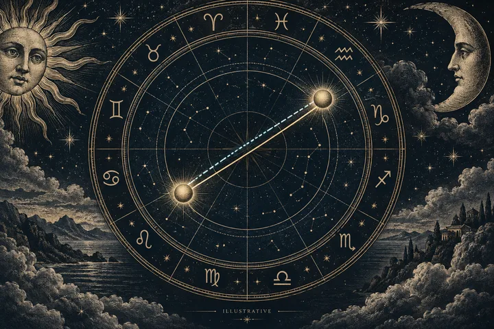 Engraved-style circular zodiac chart with two glowing points connected by lines, framed by a sun face, a crescent moon face, stars, clouds, and a dark landscape.