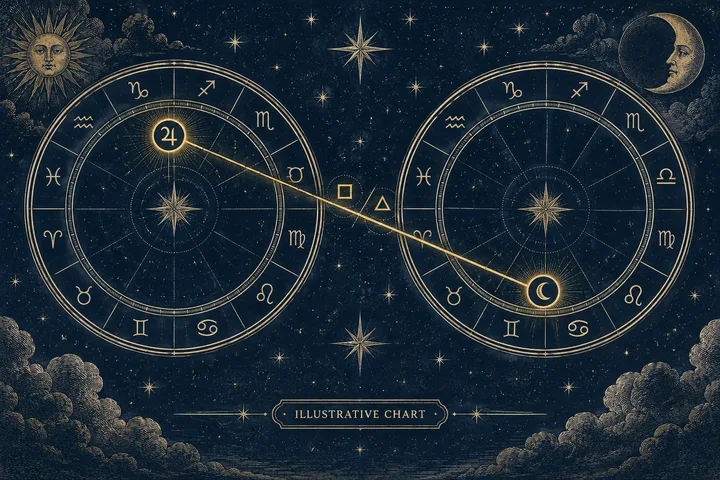 Two engraved-style circular zodiac charts connected by a gold line with square and triangle symbols, beneath a starry sky with sun and crescent moon faces.