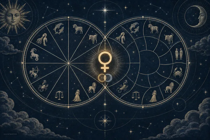 Engraved midnight-blue synastry illustration with a glowing Venus symbol between two overlapping zodiac wheels, showing different house boundaries around the same planet.