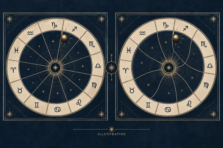 Side-by-side engraved astrology wheels showing the same brass planet marker against equal whole-sign sectors and unequal quadrant house sectors.