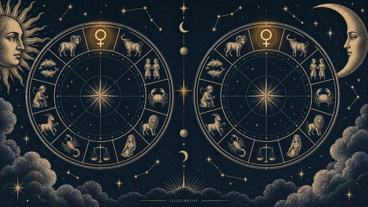 Illustrative midnight-blue scene with two gold zodiac wheels, Venus glyphs at their tops, a sun face on the left, and a crescent moon face on the right