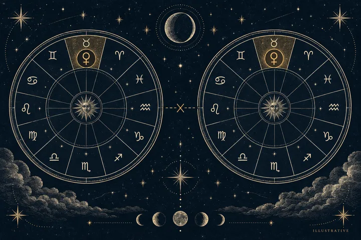 Illustrative pair of gold zodiac wheels with Venus in Taurus marked above each wheel, a central X between them, and moon phases below