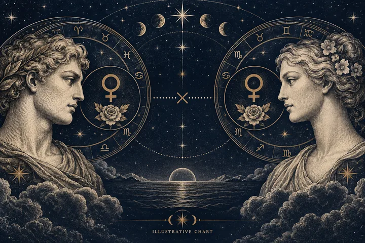 Illustrative classical figures facing across a gold X between separate Venus-marked zodiac rings, with roses, stars, mountains, and a moonlit sea