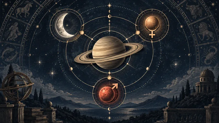 Engraved midnight-blue astrology scene with Saturn at the center, connected by orbital lines to a crescent Moon, Venus, and Mars symbols.